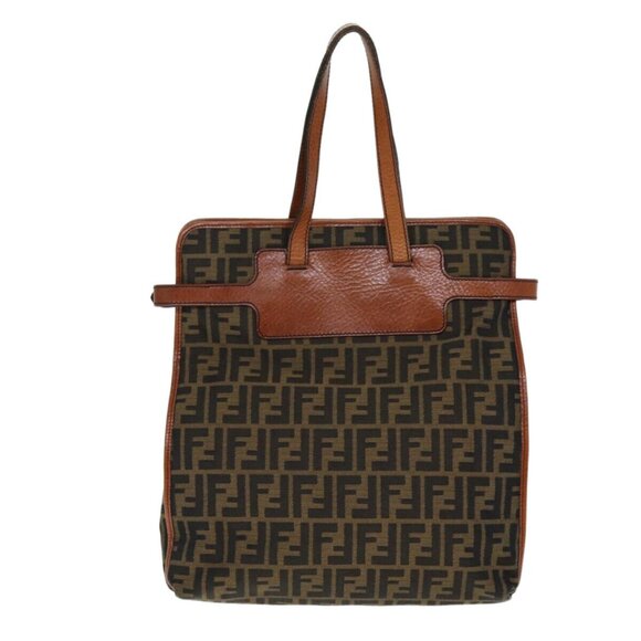 FENDI Zucca Canvas Tote Bag Brown Black Auth am6121